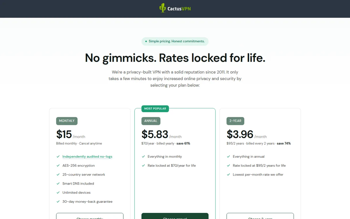Screenshot: CactusVPN pricing page