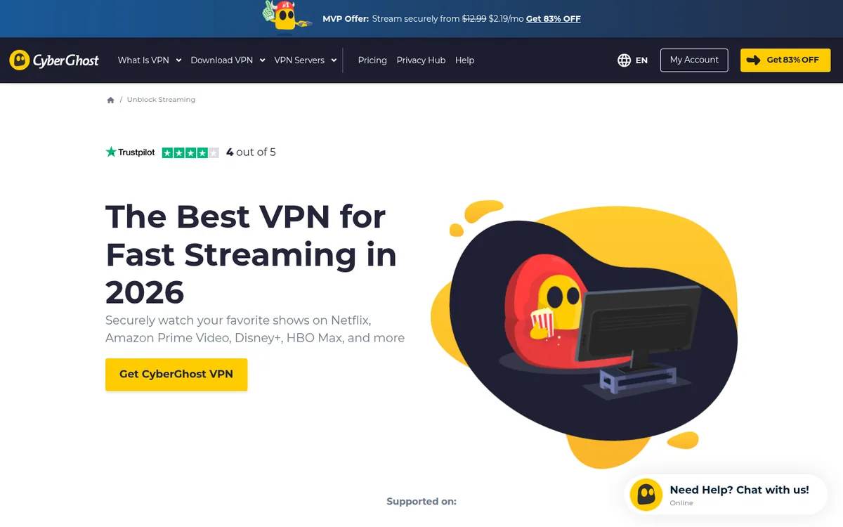 Screenshot: CyberGhost Smart DNS supported services page