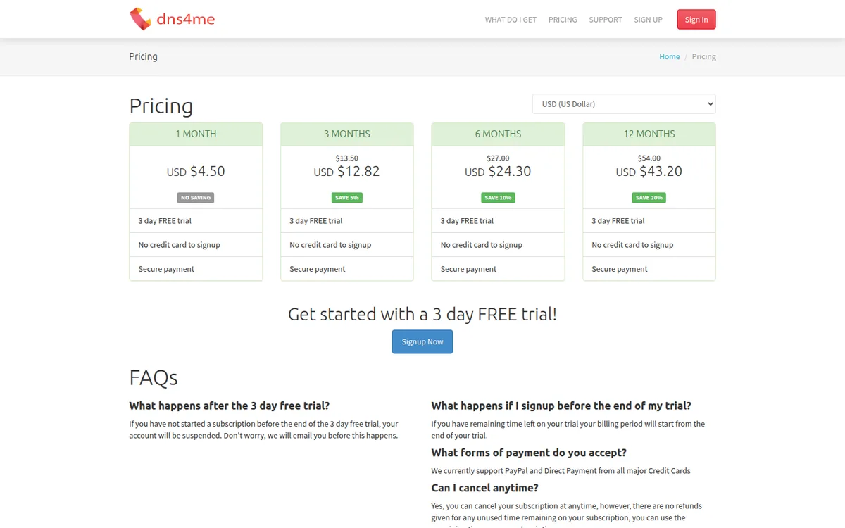 Screenshot: dns4me pricing page