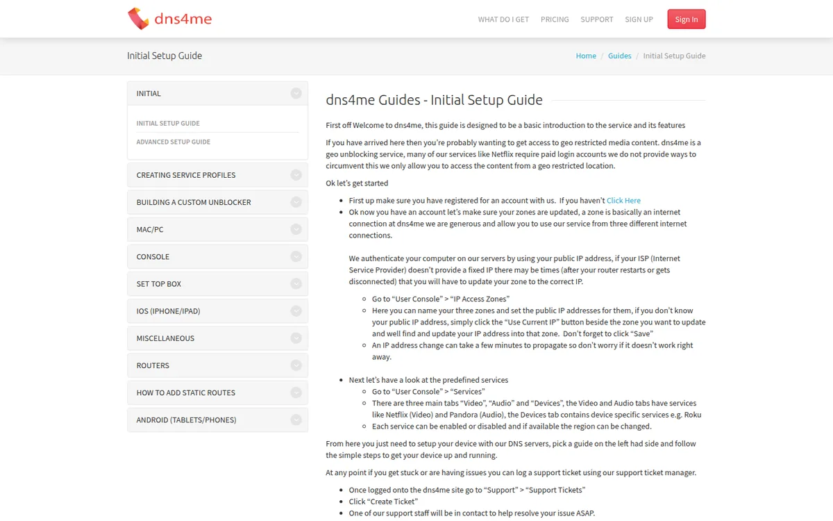 Screenshot: dns4me setup instructions