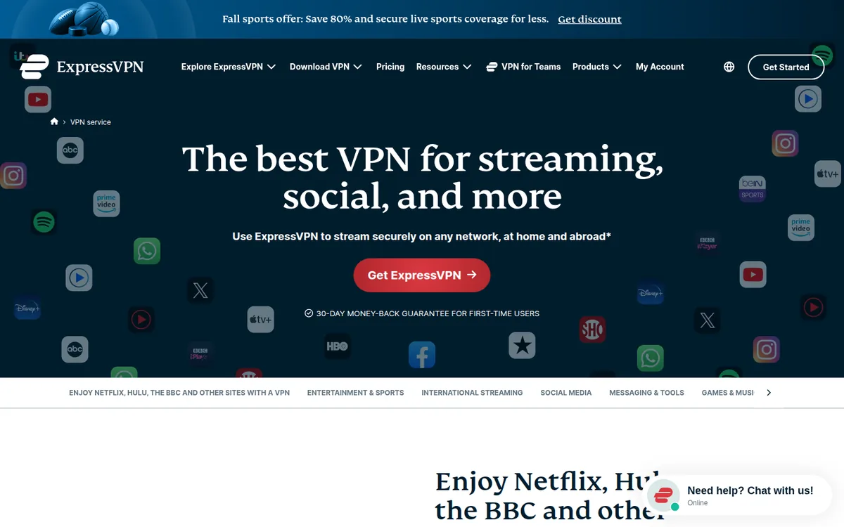 Screenshot: ExpressVPN MediaStreamer supported services page