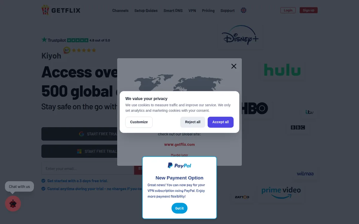 Screenshot: Getflix homepage