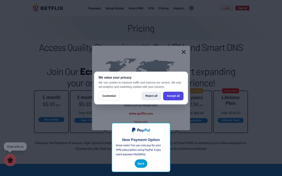 Screenshot: Getflix pricing page