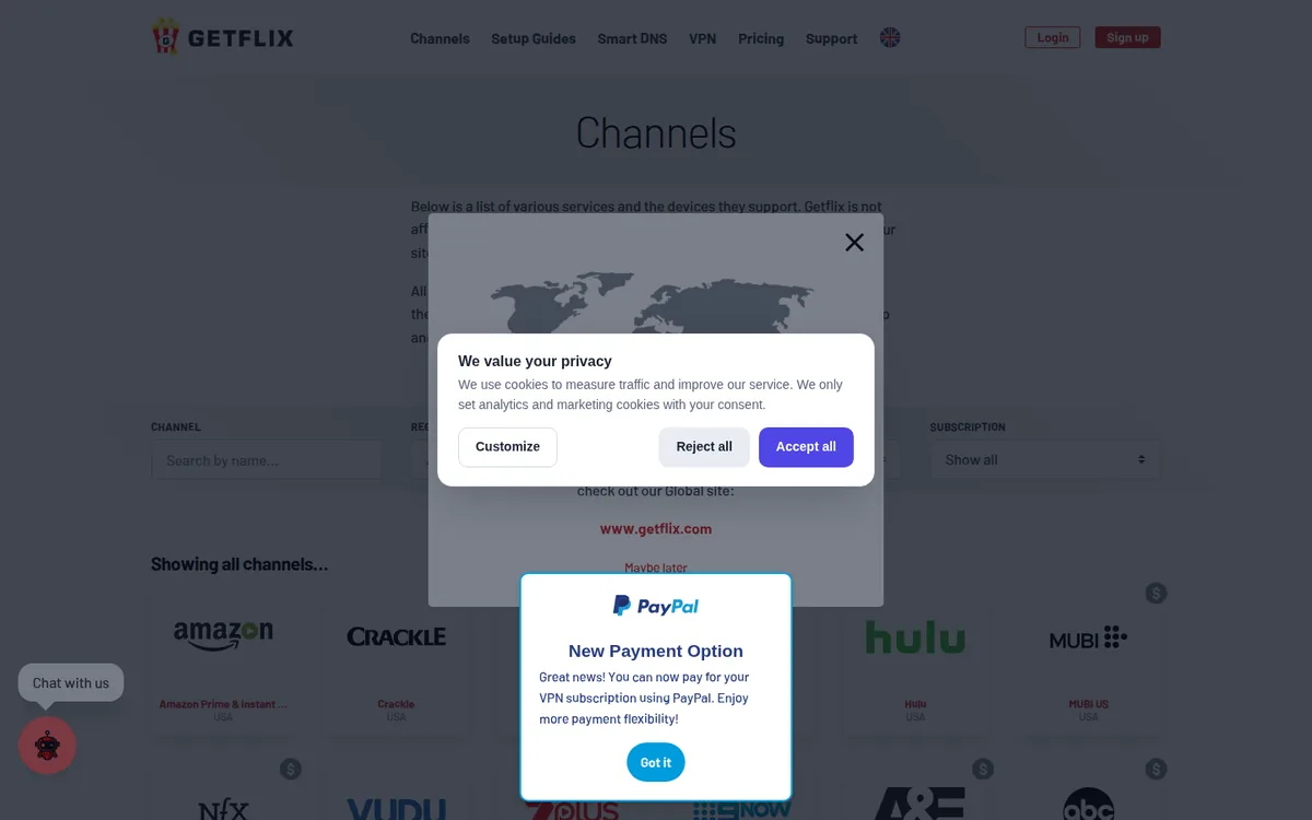 Screenshot: Getflix supported services page