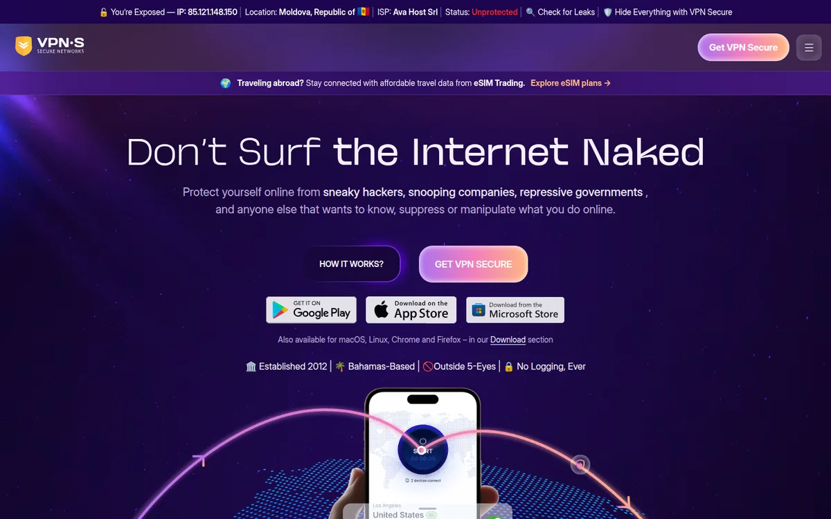Screenshot: VPNSecure homepage